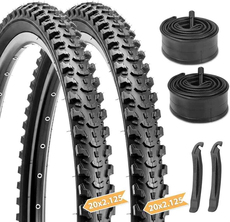 Hycline Mountain Bike Tires Set: 2-Pack 20/24/26x2.125 Inch Folding Replacement High-Density Bicycle Tires and Pair Inner Tubes with Tire Levers Compatible for Street & Off-Road Riding