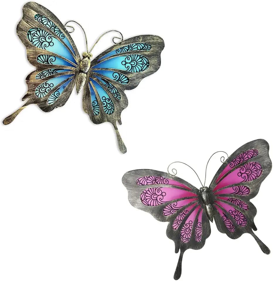 LIFFY Metal Butterfly Wall Decor,2Pack 12" Glass Butterfly Outdoor Wall Art Sculptures,Hanging Garden Decor Outside for Home,Yard,Fence,Patio