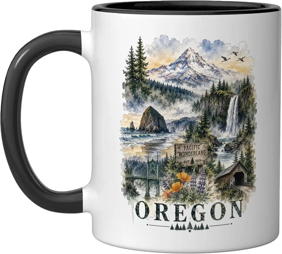 Oregon Watercolor Landscape Pacific Northwest Nature Design Ceramic Mug, Black/White