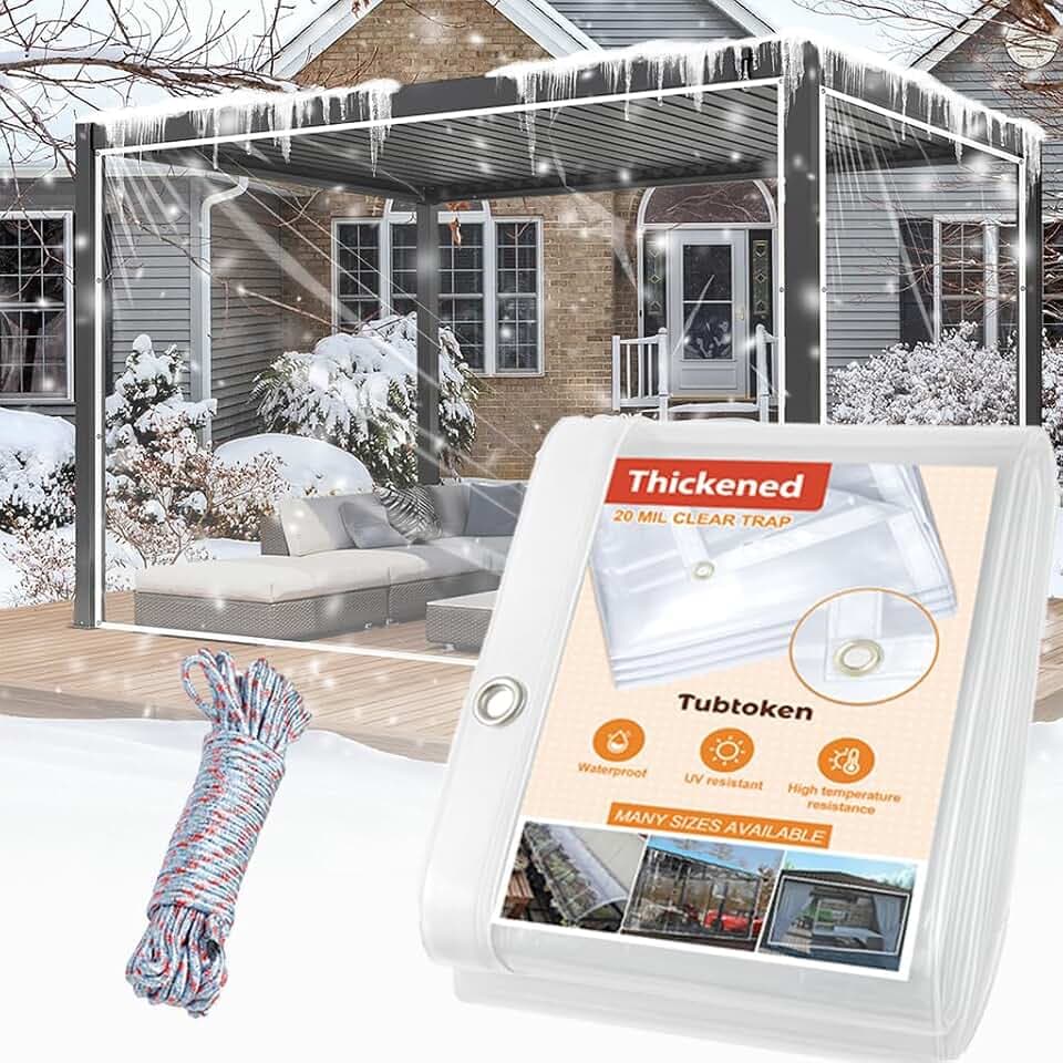 20 Mil Heavy Duty Clear PVC Tarpaulins 8 x 12 FT, Waterproof Wind-Proof Transparent Vinyl Tarp for Patio Pergola Garden Canopy Rainproof Anti-Tear PVC Thick Cover with Grommets (8 x 12 FT)