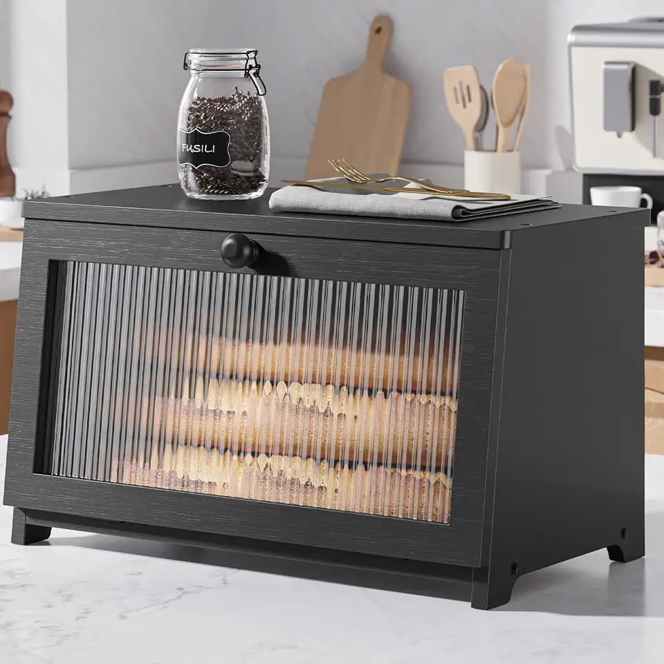 Kitsure Wooden Bread Box for Kitchen Countertop, 1-Tier, Black