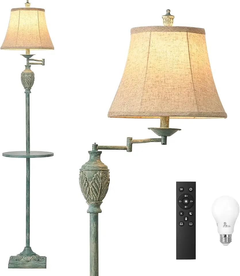 Traditional Floor Lamp withTray,Remote Dimmable,350°Swing Arm Antique Green