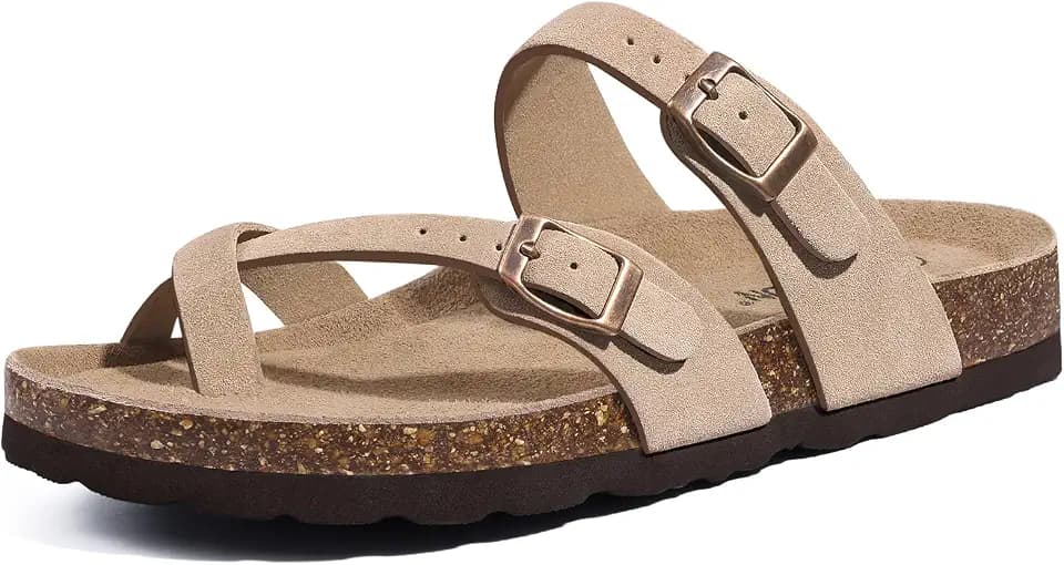 Litfun Women's Cork Footbed Sandals Comfortable Leather Summer Slides