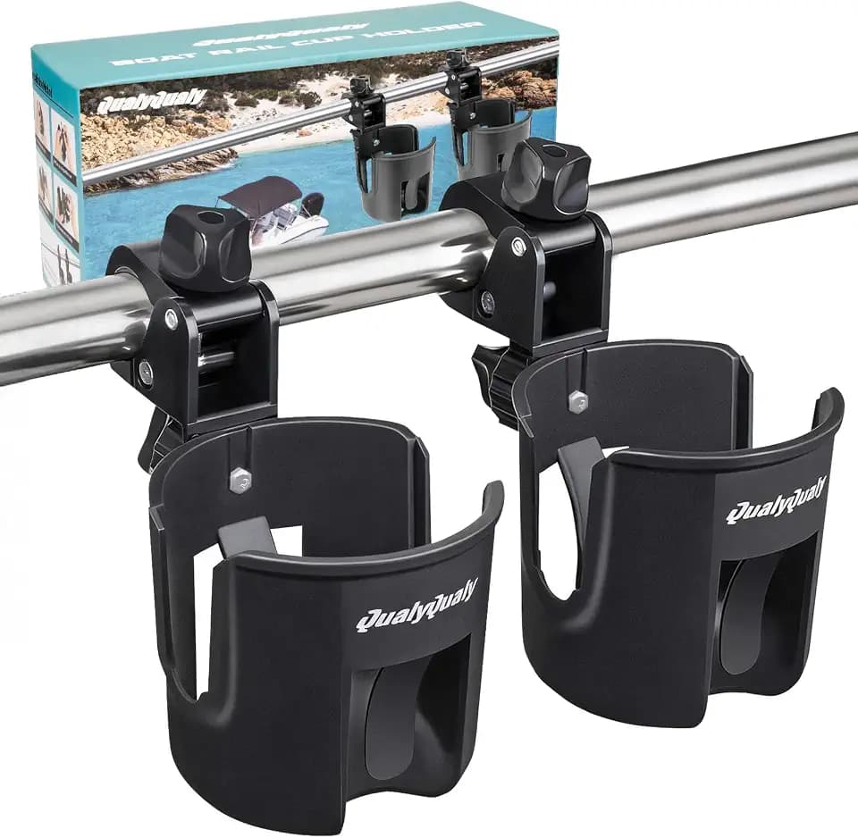 QualyQualy Boat Rail Cup Holder 2 Pack, No-Drill Clamp-On Marine Cup Holders 360° Adjustable for Pontoon Boat, Bimini Top, Grab Bar, PWC, Jet Ski, Fits Round & Square Rails 15-40mm, Boat Gifts for Men