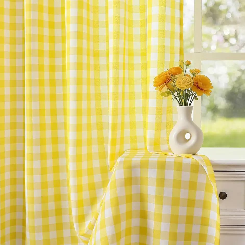 Yellow White Buffalo Plaid Privacy Curtain Kitchen Kids Room 63 Inch Length