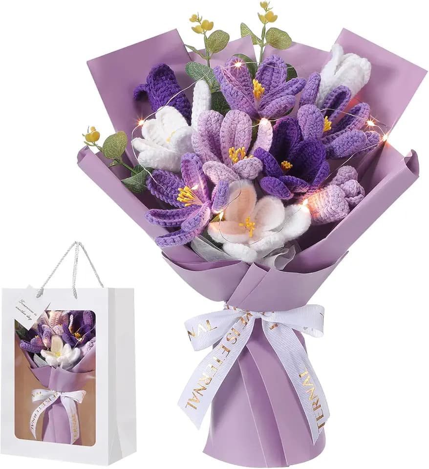 Graduation Crochet Flowers Bouquet Gift Completed Handmade Knitted Flowers with LED Lights Tulips Bouquet Gift for Mother Day Women Birthday Graduation Wedding Home(Purple)