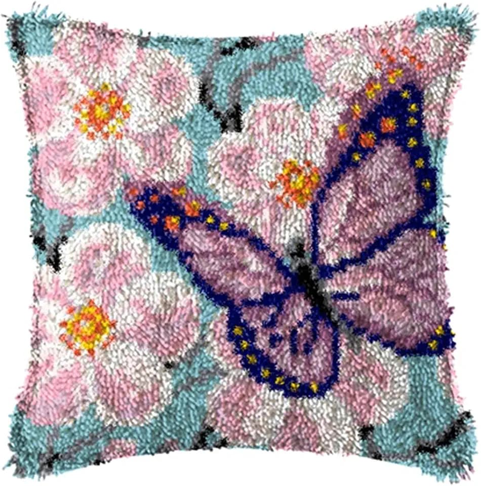 Ylkgogo Latch Hook Pillow Kits DIY Throw Pillow Cover Printed Canvas Needlework Crafts for Beginners and Adults 17" X 17"(Butterfly)
