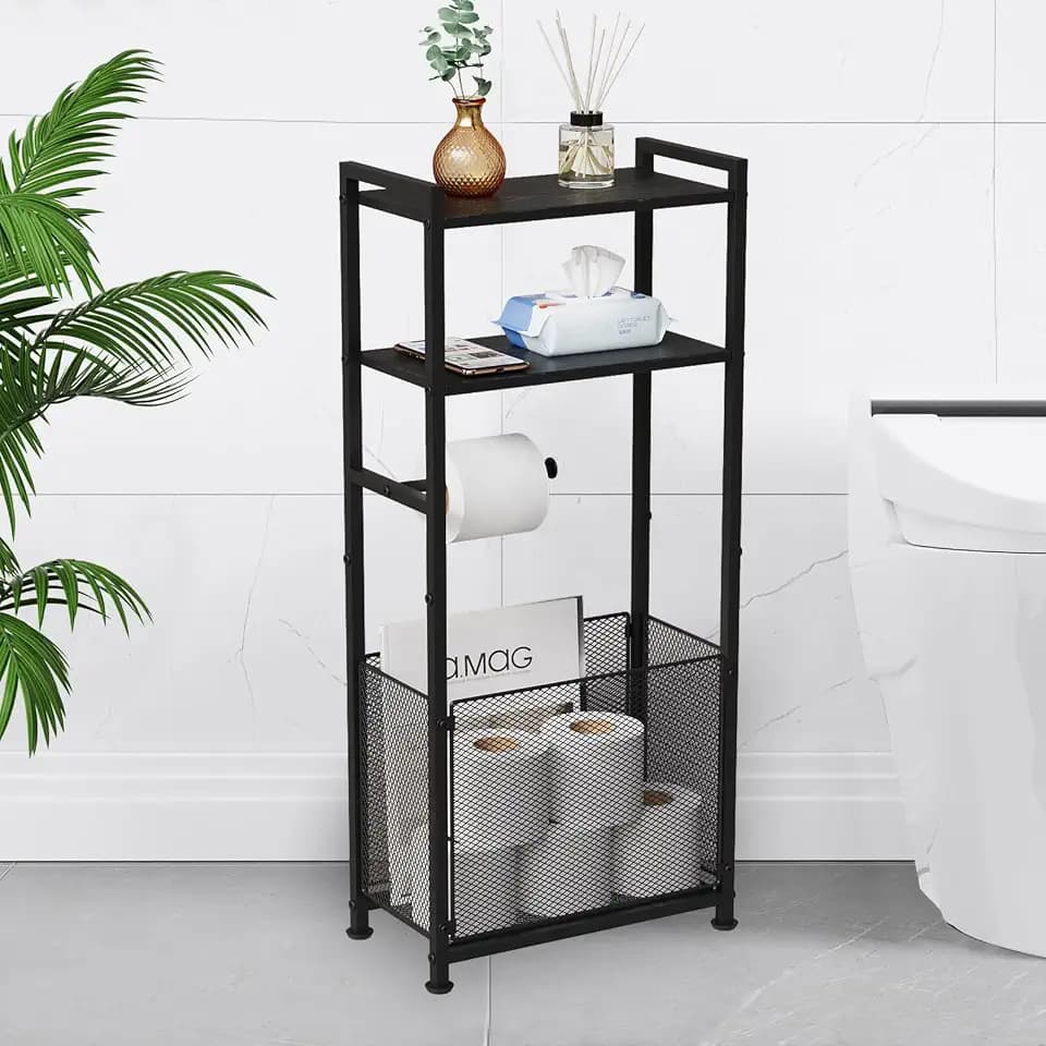 Free Standing Toilet Paper Holder Stand with Shelf, Bathroom Tissue Storage Stand Toilet Roll Dispenser Storage Rack for Phone, Wet Wipe, Bathroom Storage and Organizer Shelf for Small Space