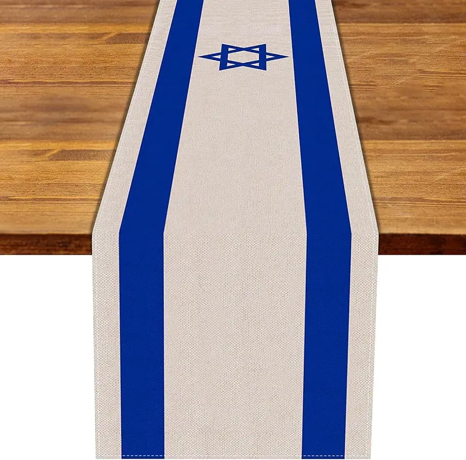 Linen Israel Flag Table Runner Jewish Table Decoration for Passover Rosh Hashanah Sukkot Sukkah Kitchen Dinning Room Party Decor (13" x 108")