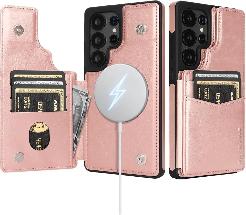 SkyEagle Compatible with Magsafe for Samsung Galaxy S25 Ultra Wallet Case with Card Holder,Women Men Phone Case PU Leather Kickstand Flip Protective Cover Credit Card Slots,for S25 Ultra,Rose Gold