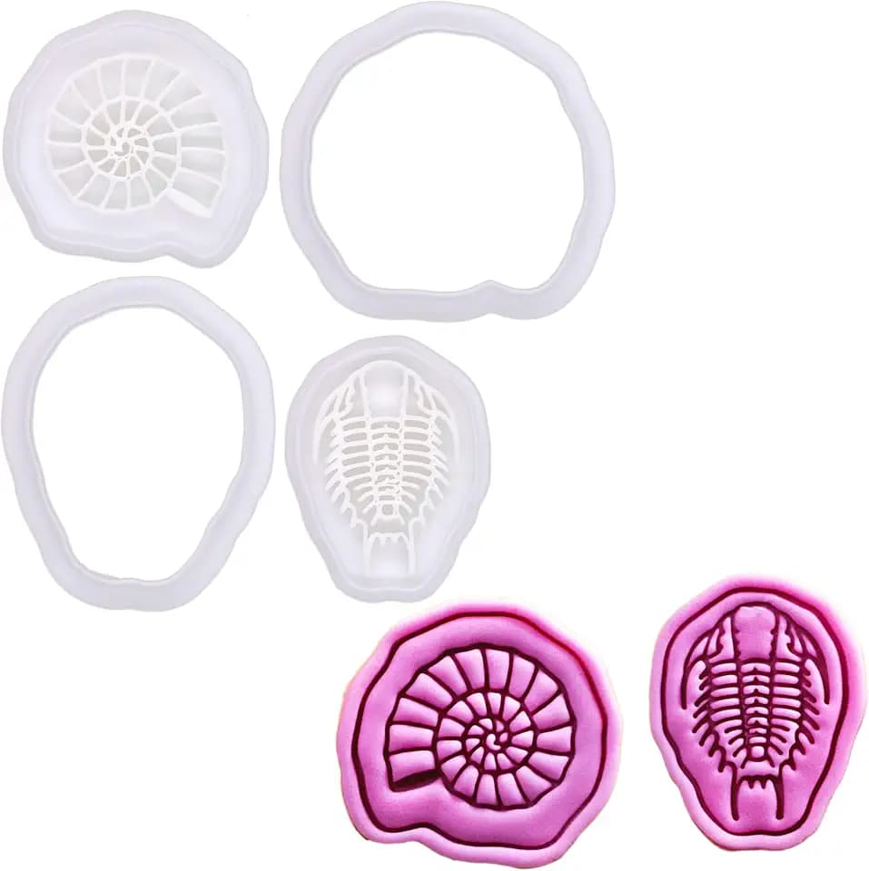 BAKERLOGY Echoes of the Sea - Mini 2" Cookie Cutter & Stamp Set - Ammonite & Trilobite Design for Dinosaur Fossil Cookies, Cupcakes & Fondant Decorations