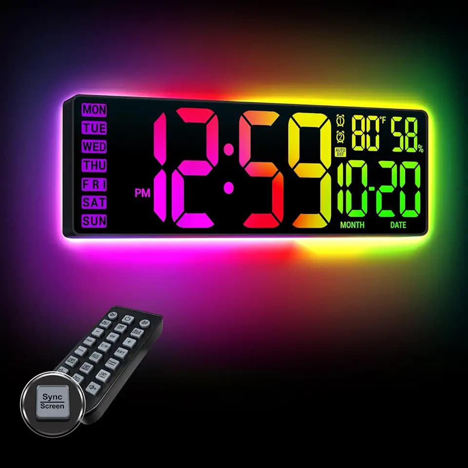 16.5" Large Digital Wall Clock with RGB LED Display & Backlight, Remote