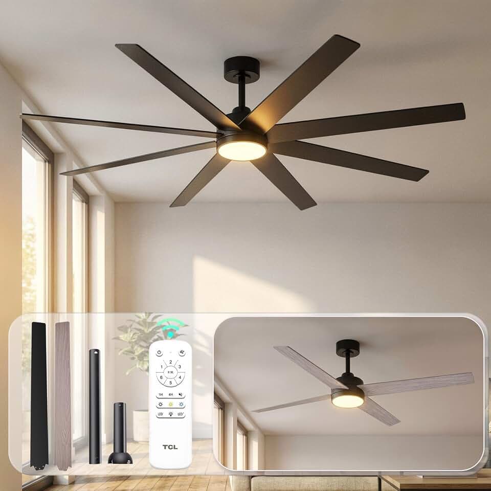 TCL 72 Inch Large Black Ceiling Fans with Lights and Remote