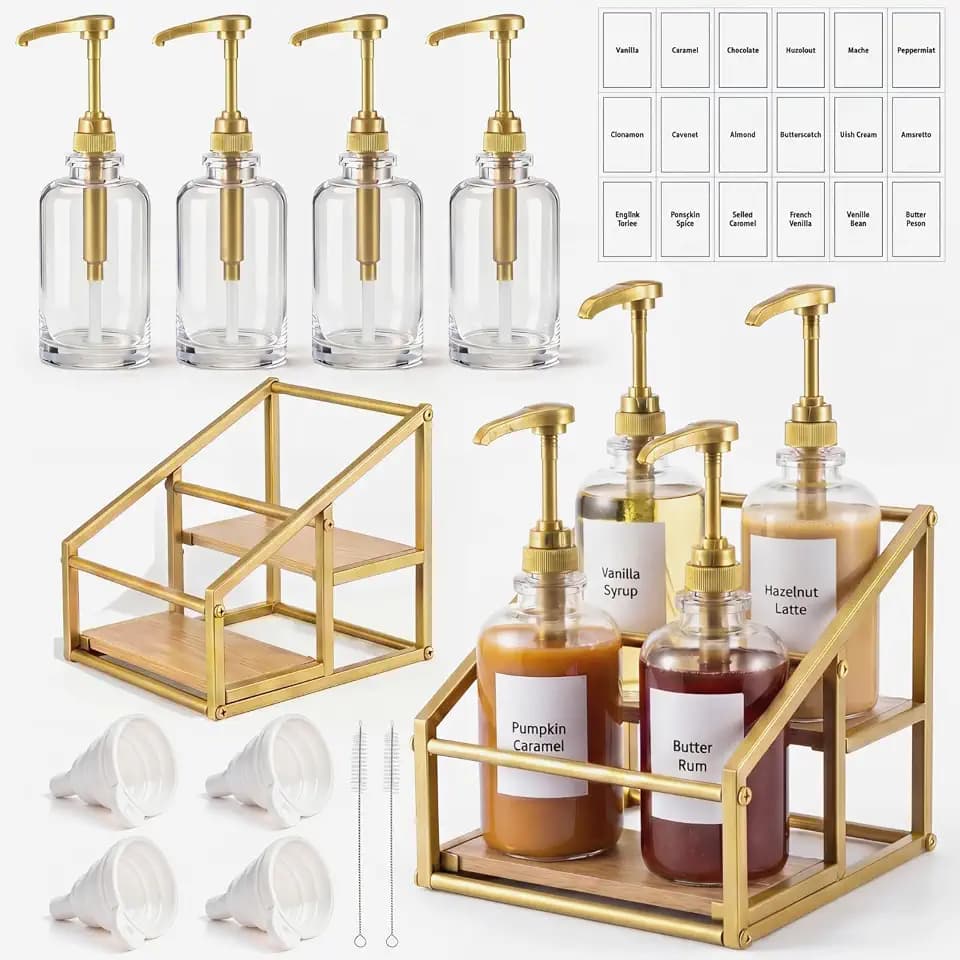 4 Pcs Coffee Syrup Dispenser Bottles with Stand, 16.9oz/ 500ml