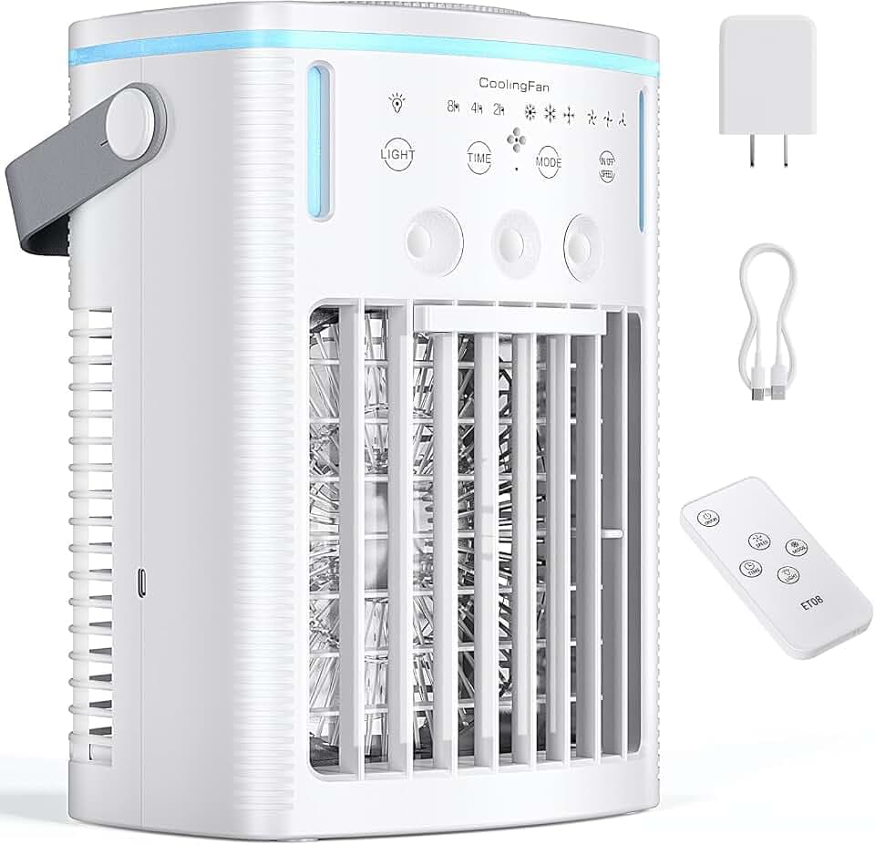 Portable Air Conditioners, 3 Speeds & 3 Cool Modes Personal Quiet Cooling Fan AC Unit, 1200ML Water Tank Evaporative Air Cooler with Remote Control, 7 Color Light, 8H Timer for Bedroom, Office