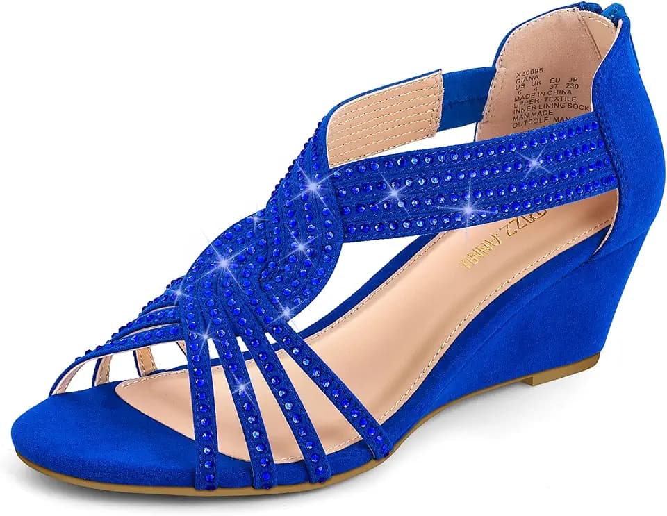 PIZZ ANNU Women's Diana Low Wedge Sandals Sparkly Rhinestone Open Toe Fashion Dress Shoes for Woman Lady in Bridal Dance Evening