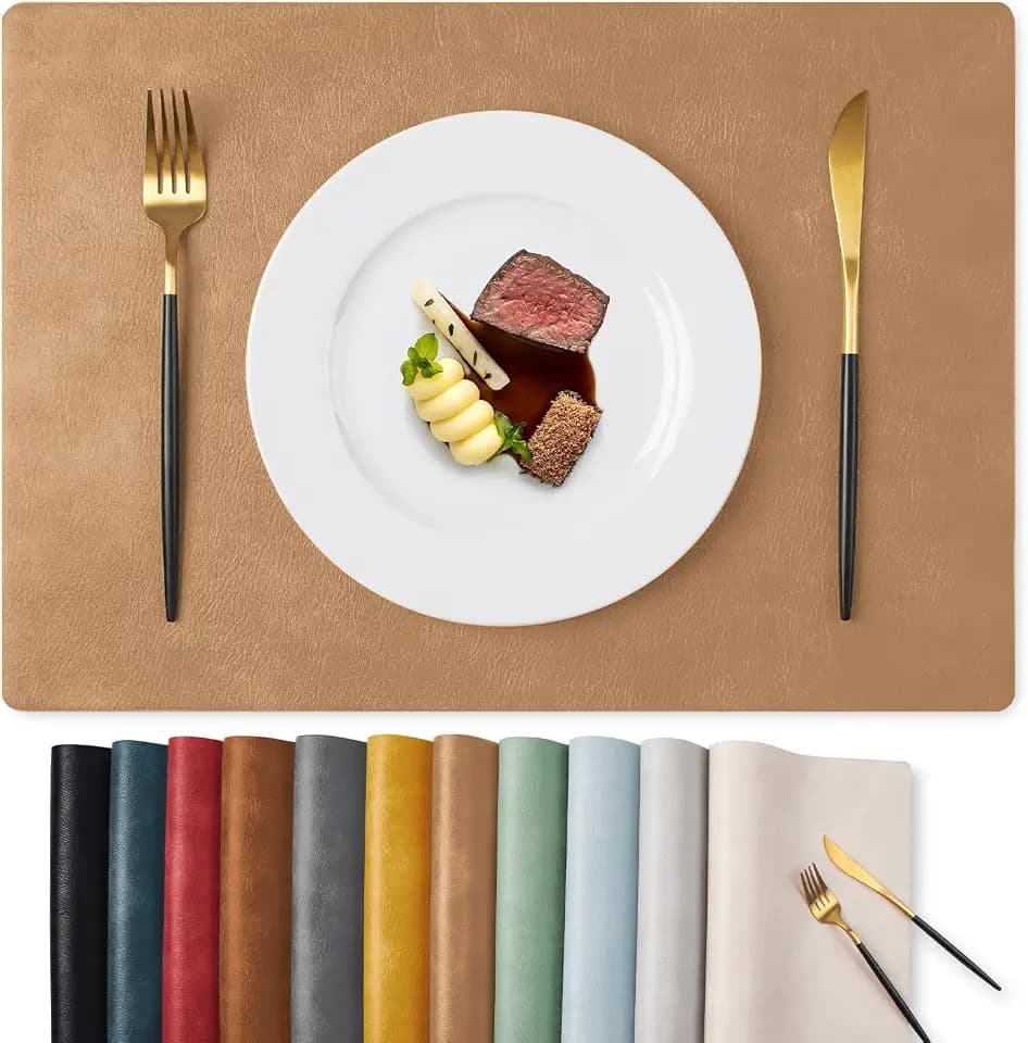 MOSAYT Vinyl Faux Leather Placemats, Set of 8, Camel