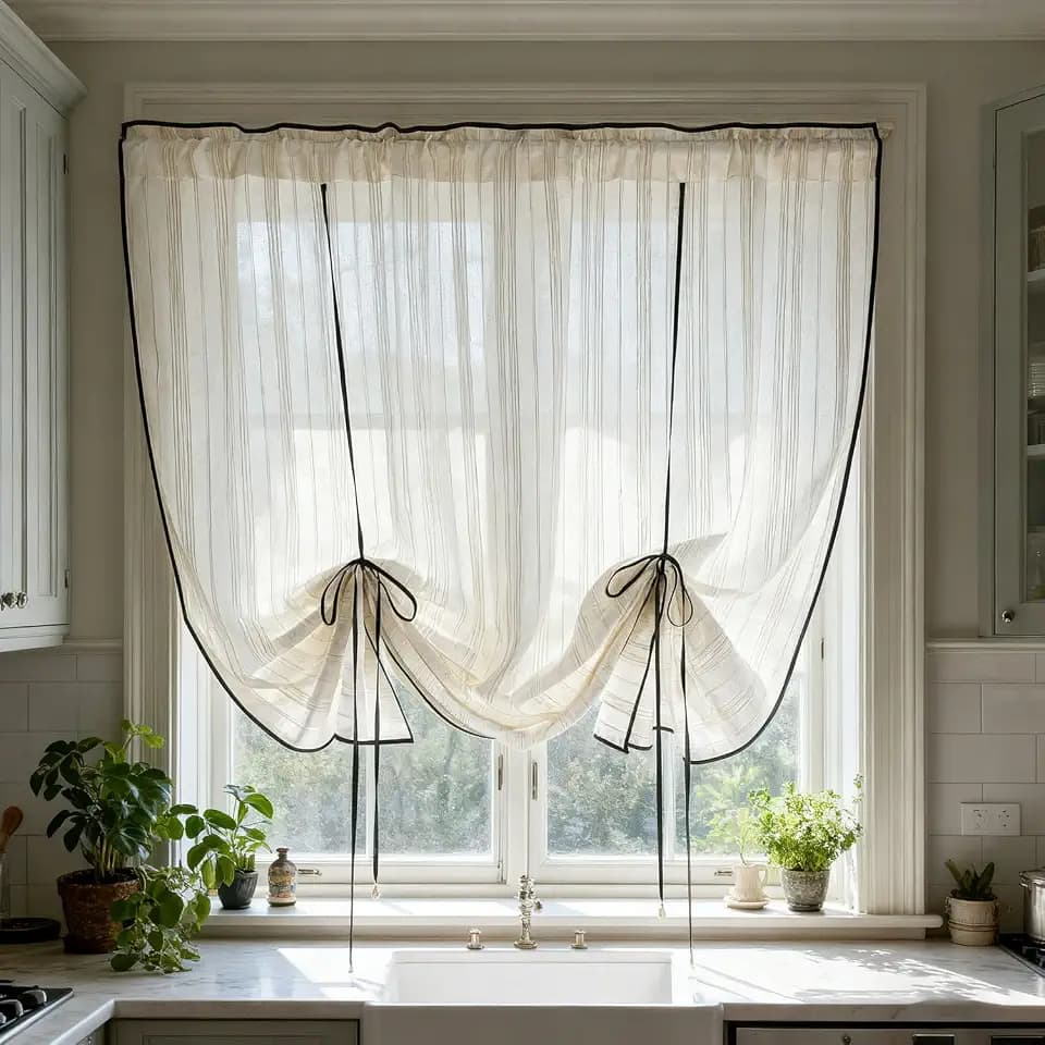 KMSG Nature Linen Stripe Balloon Tie Up Sheer Curtain Valance for Kitchen