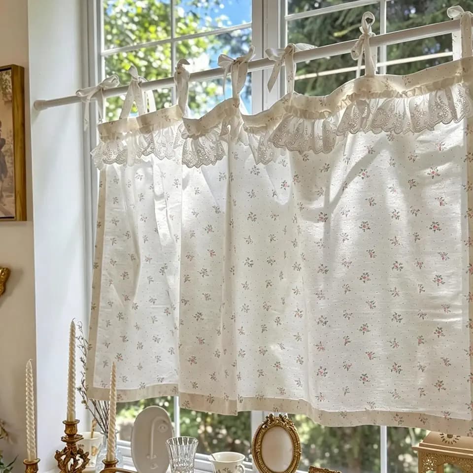 French Country Floral Lace Cafe Curtains for Kitchen Window -White Cotton Vintage Cottage Half Curtains with Tie Tops - Over Sink Light Filtering Valance for Living Room Bathroom 55×19 inch
