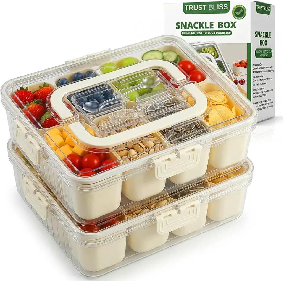 Snackle Box Container 2 Pack with Lid & Handle | BPA-Free 8-Compartment Divided Serving Tray, Snack Tackle Box & Snack Organizer, Portable Charcuterie Board with Lid & Utensil Tray for Party & Travel