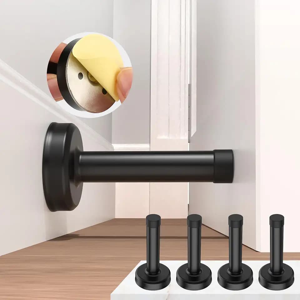 4 Pack Door Stops, 304 Stainless Steel Door Stoppers, Easy Installation with Strong Adhesive Tapes, No Drilling Door Stops for Bottom and Top of Door, Black