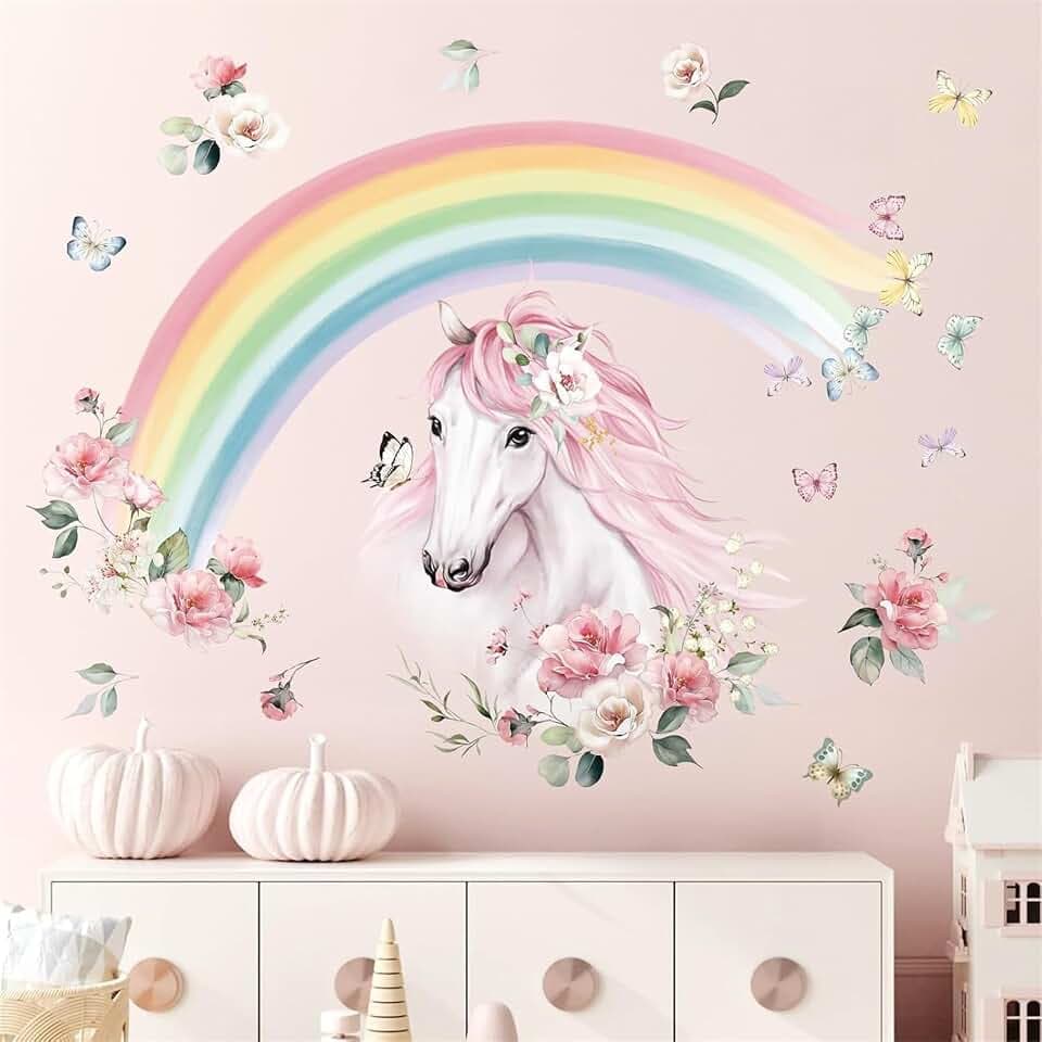 wondever Large Rainbow Wall Decals Horse Flower Wall Stickers