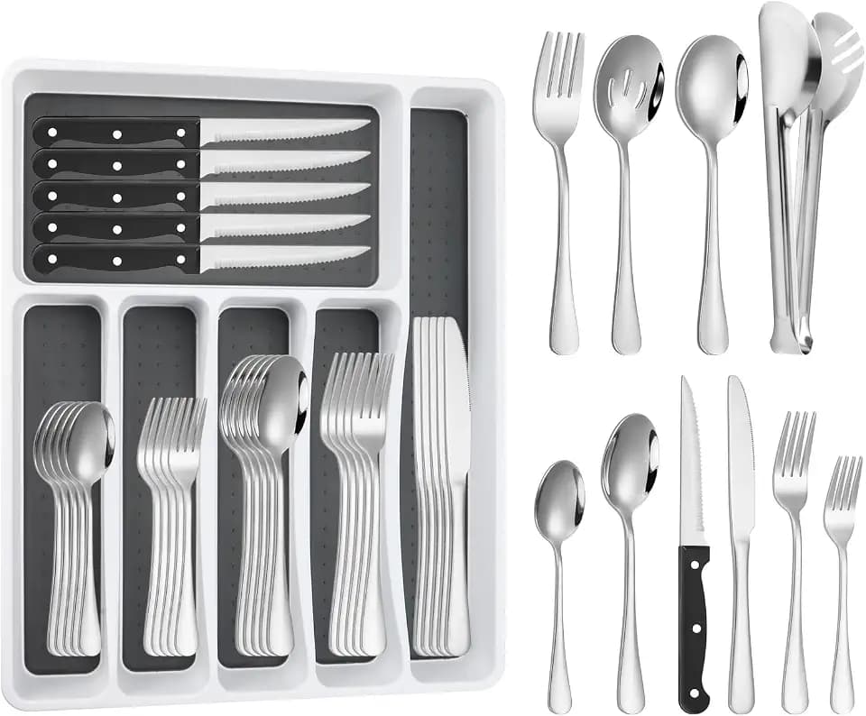 53PCS Silverware Set for 8 with Flatware Drawer Organizer, Stainless Steel Cutlery Set with Steak Knives, Include Spoons and Forks Set & Serving Utensils, Mirror Polished, Dishwasher Safe