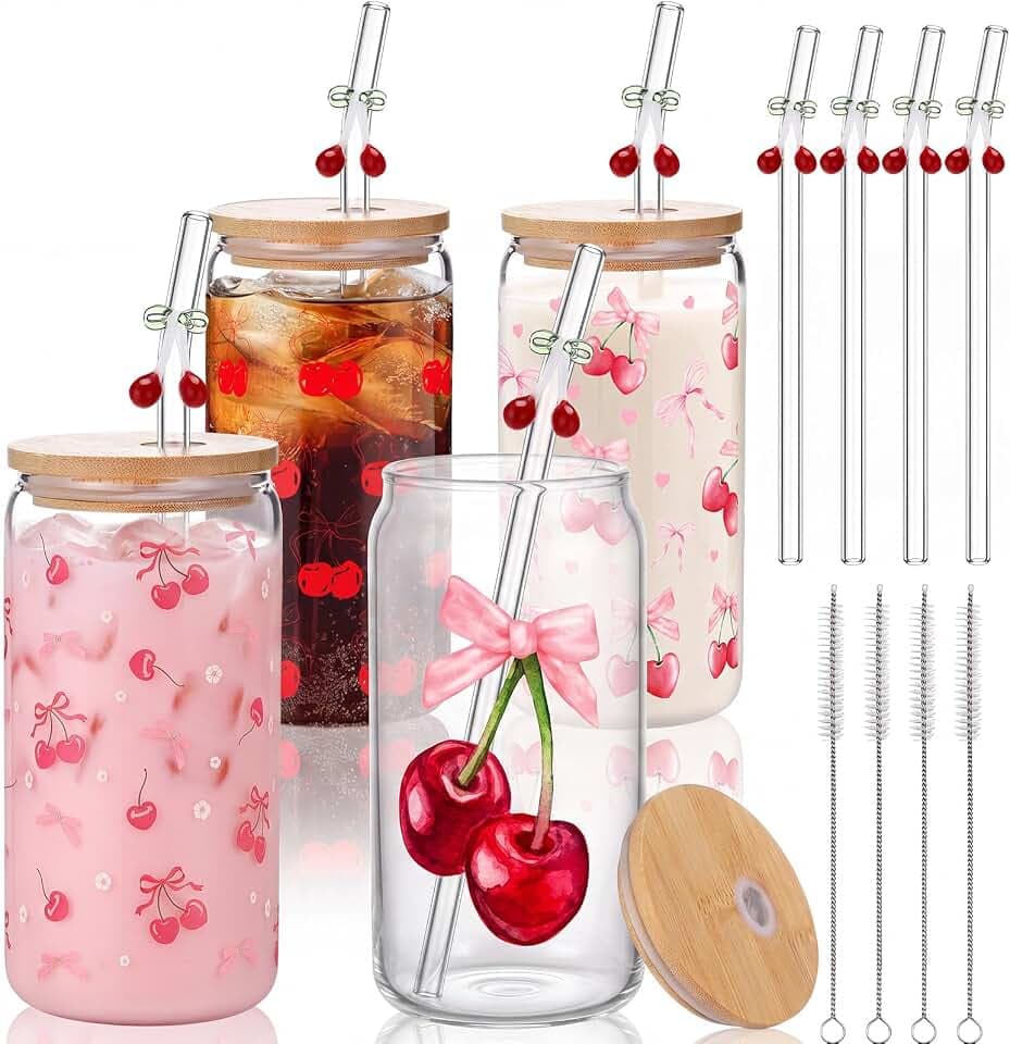 4 Set 16 oz Coquette Bow Glass Cups with Lids and Straws,Bow Cherry