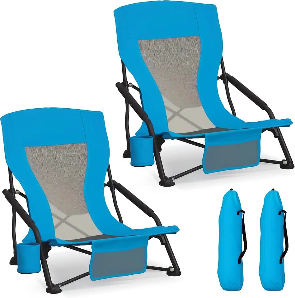 Low Beach Chairs for Adults 2 Pack, Sandproof Lightweight Folding Camping Outdoor Chairs with Mesh Lumbar Support, Under-Seat Pocket, Cup Holder, Heavy Duty 300lbs for Beach Picnic Concert, Blue