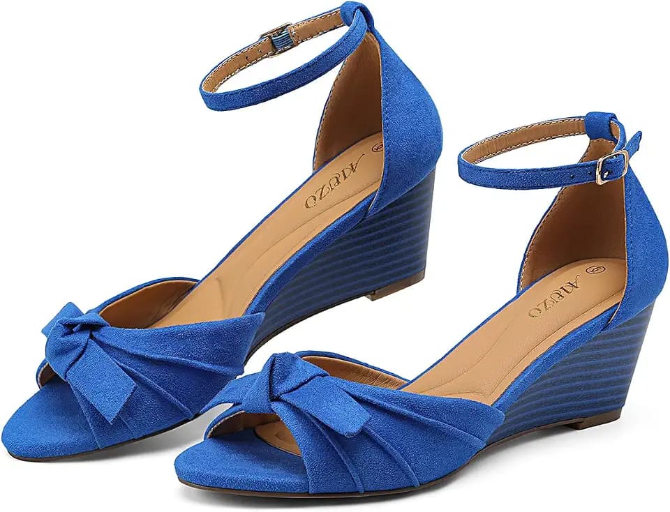 Women's 2.36 Inch Wedge Heel Sandals Peep Open Toe Adjustable Ankle Strap Bow Knot Dressy Comfort Summer Shoes for Wedding Party Work Daily Vacation