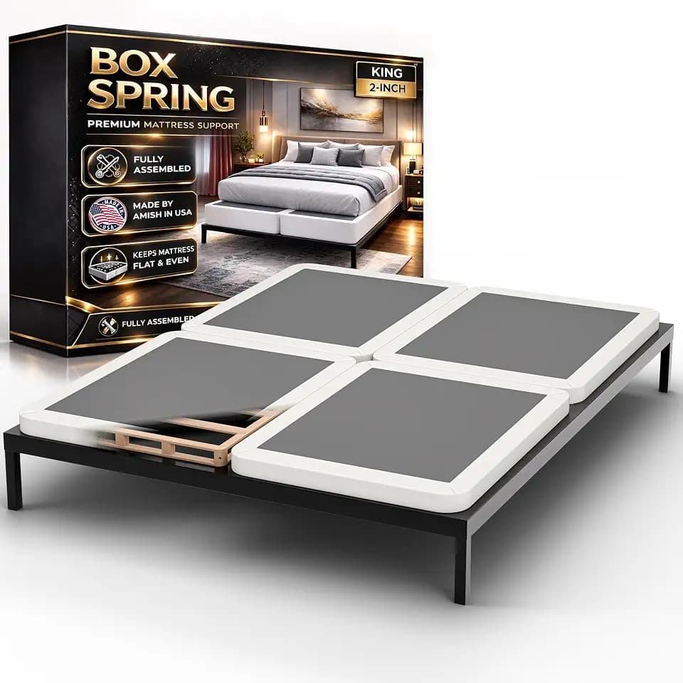 Nutan, 2-Inch Sturdy Wood Box Spring for Mattress Support - Durable and Fully Assembled, Natural Wood Foundation for King, White