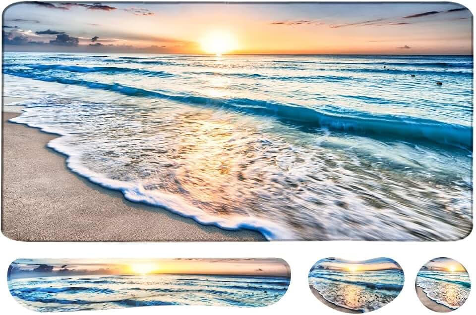 4-in-1 Large Gaming Mouse Pad, Keyboard Wrist Rest Pad & Wrist Support Mousepad Set, Extended Desk Pad Waterproof Desk Mat for Home Office Study Game-Beach