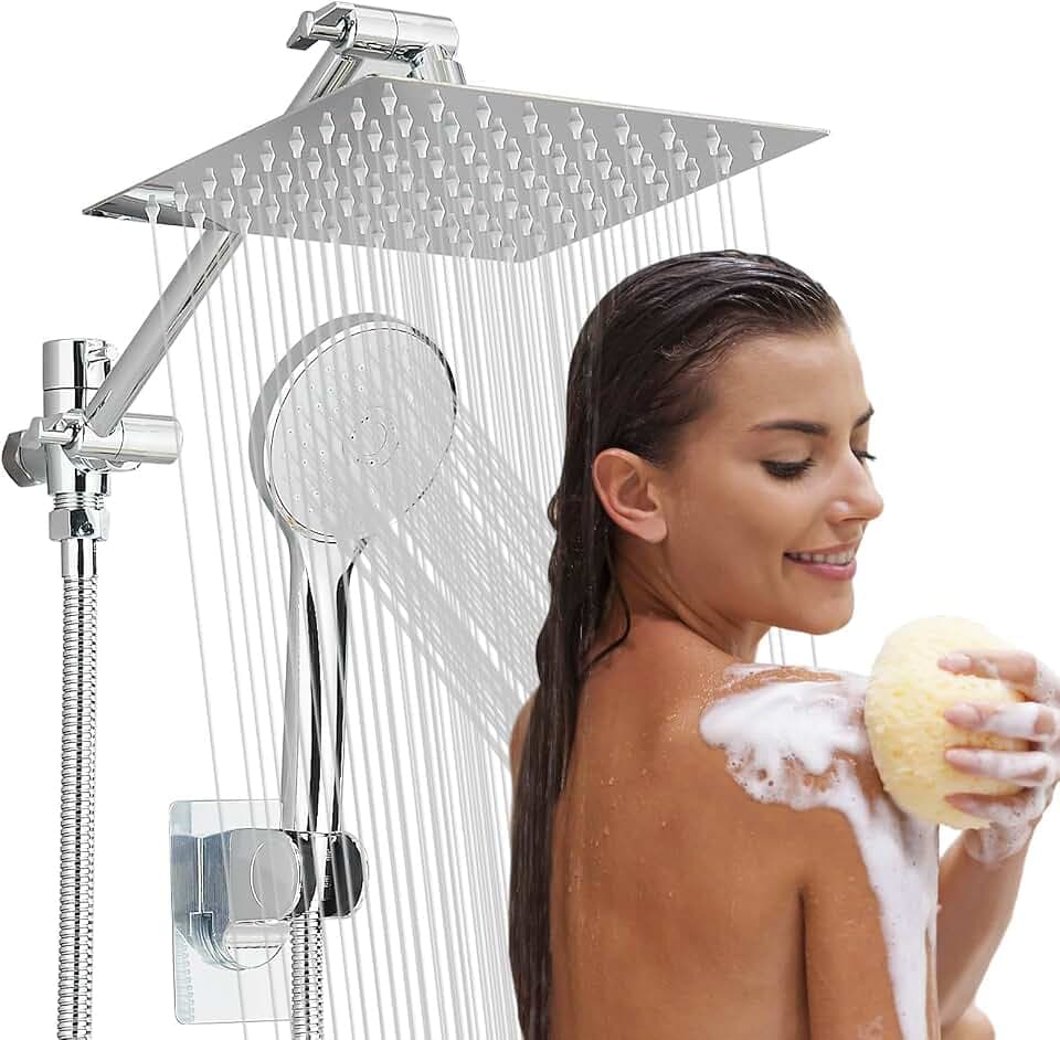 High Pressure Shower Combo 8 Inch Rainfall Showerhead and Handheld Sprayer featuring Three Settings Chrome Finish Includes Extension Arm, 59 Inch Long Hose, Fully Height and Angle Adjustable