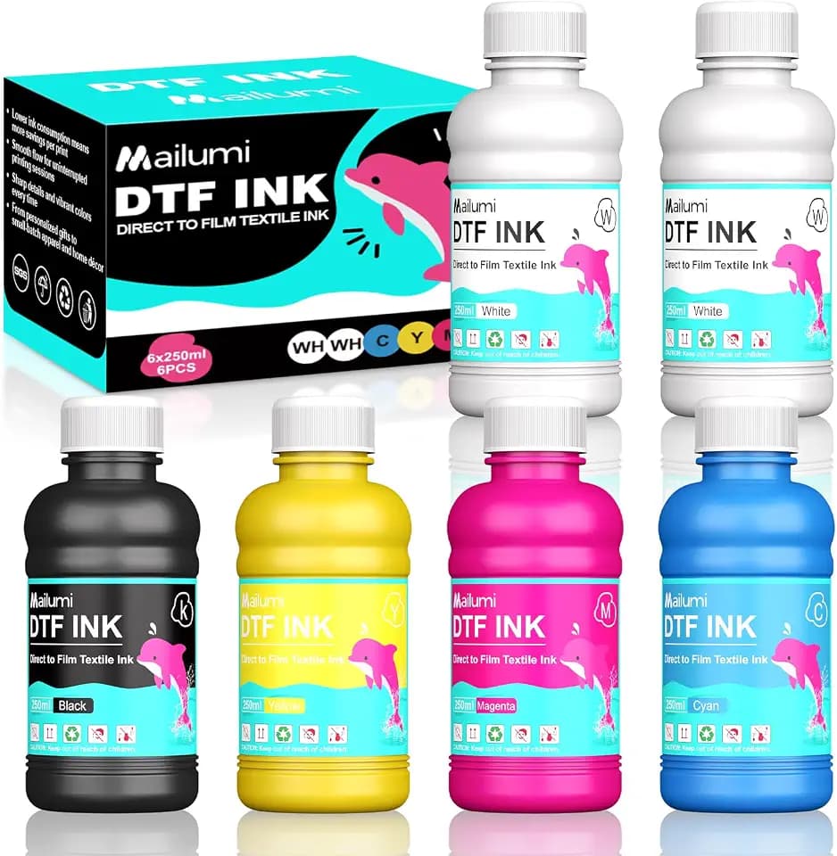 Mailumi DTF Ink Premium Pro Bundle for T-Shirts & Apparel, High Opacity White & Color Set, Universal for DTF Printers, Includes User Guide
