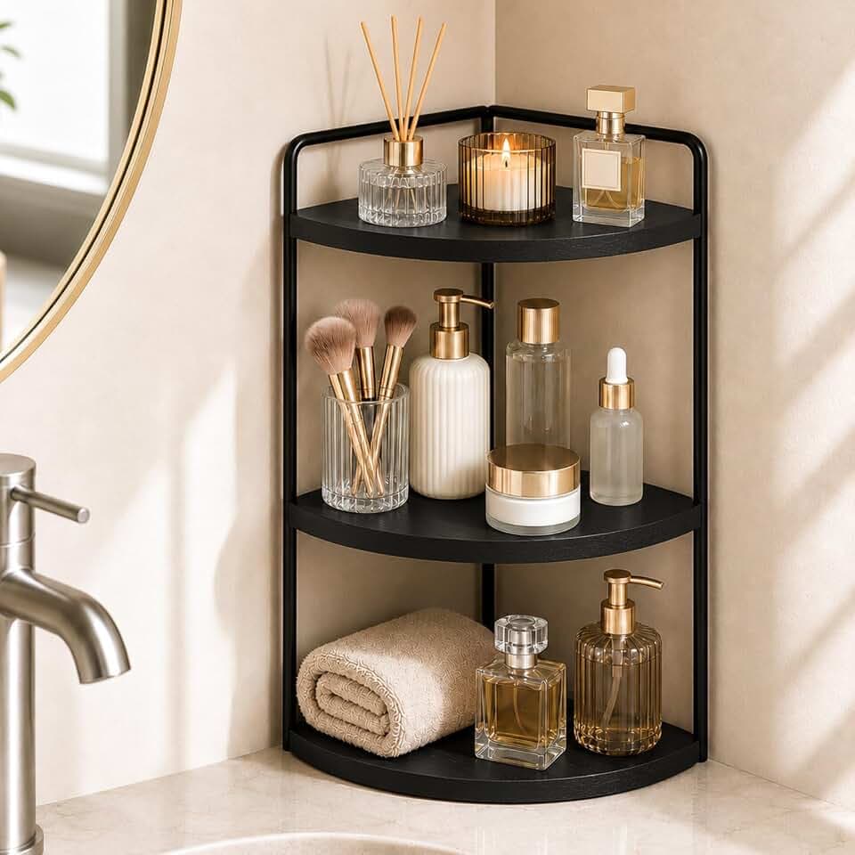 3-Tier Corner Bathroom Counter Organizer, Solid Pine Vanity Shelf, Black