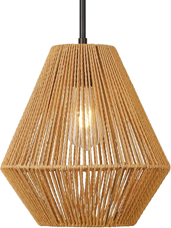 LynPon 12" Rattan Pendant Light with Rod Hanging, Wicker Boho Light Fixture