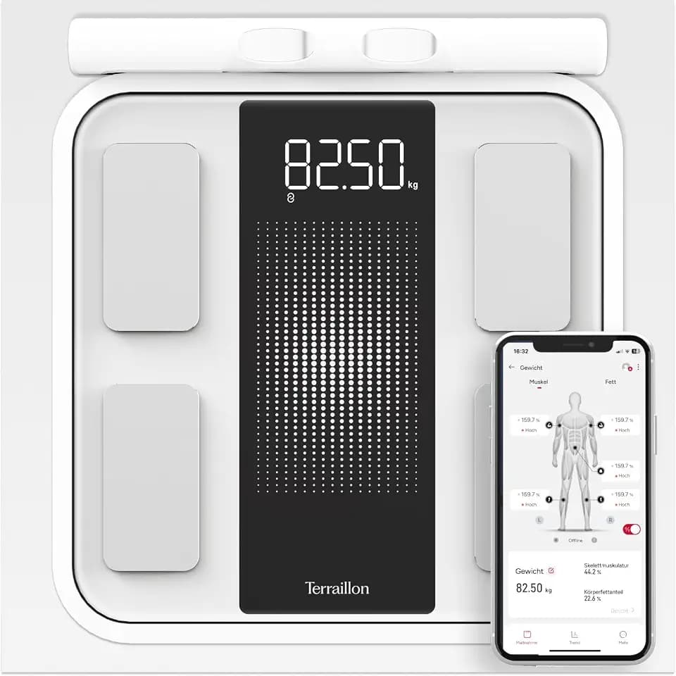 TERRAILLON Personenwaage, intelligente Waage, Bluetooth mit App, Analyse mit 8 Elektroden: BMI, Fettmasse, Muskelmasse, Wassermasse, Genauigkeit 50 g, bis zu 180 kg, Weight Expert