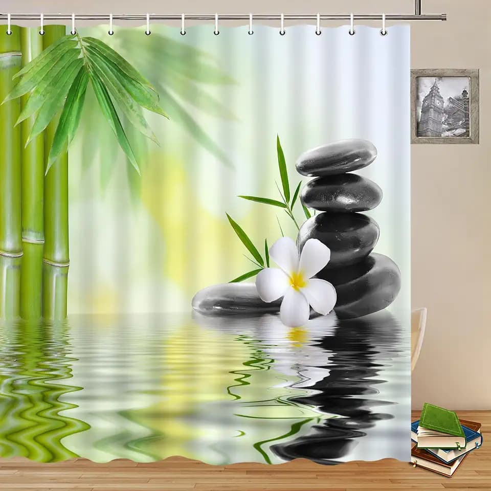 Zen Garden Shower Curtain Spa Green Bamboo Black Stone White Flower Bathroom Decor Supplies Shower Curtains Sets Machine Washable Polyester Fabric 70 x 70 Inch with Hooks