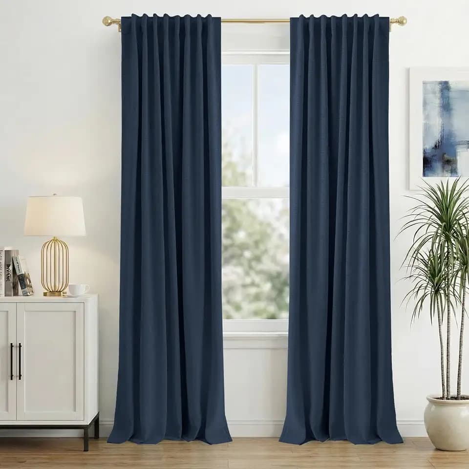 INOVADAY 100% Blackout Linen Curtains for Bedroom 50x96 Midnight Blue