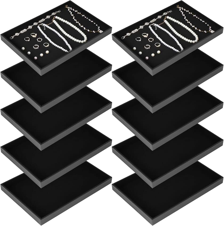 10 Pcs Velvet Stackable Jewelry Tray Showcase Display Jewelry Organizer Tray for Drawers Countertop, Empty Plate for Necklace, Ring, Bracelet Organizing, and Earring Storage Display (Black)