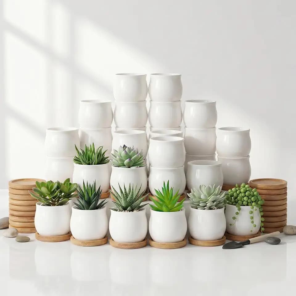 SHECIPIN 24 Pcs 2.5 Inch Small Succulent Pots with Drainage & Bamboo Trays - Assorted Small Succulent Planters Bulk for Home Office Garden Decor