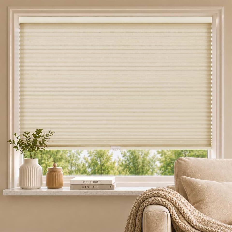 MYshade Cordless Light Filtering Cellular Shades for Indoor Windows, Honeycomb Window Blinds with Color-Matched Headrail, Easy Lift Shades for Bedroom, Living Room & Office, Beige, 34" W x 72" H