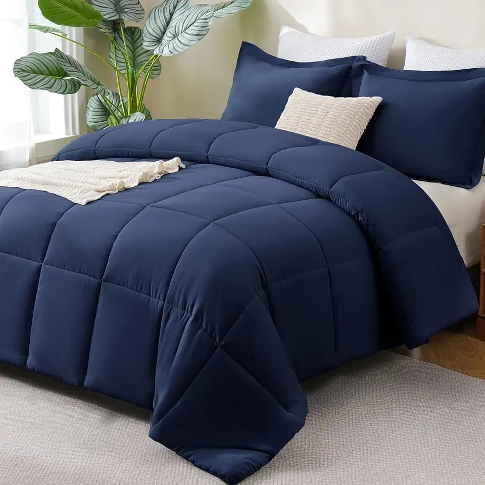 CozyLux Full Size Comforter Sets, 3-Piece Box-Stitched, Navy Blue