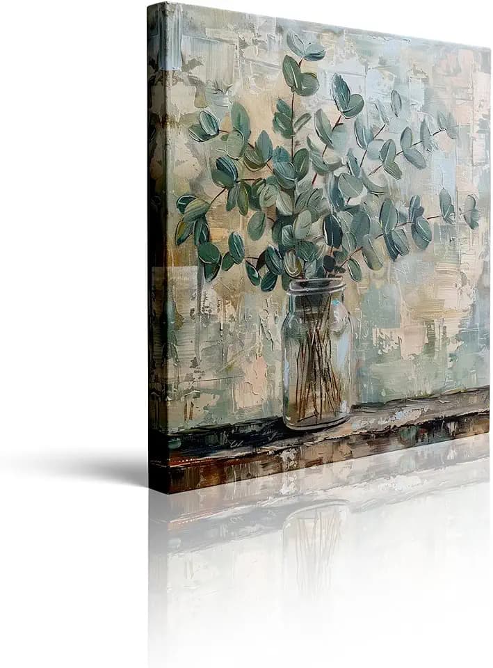 Botanical Canvas Wall Art Framed Eucalyptus Vase Neutral Decor 14x14 Inch