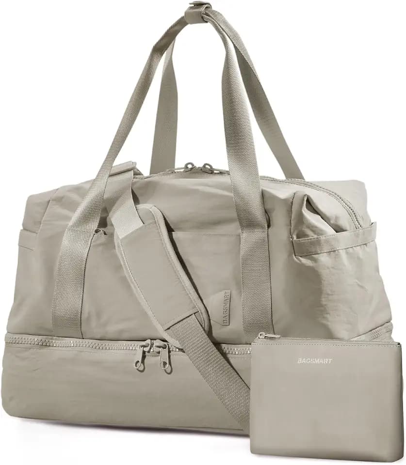 Weekender Bags for Women, BAGSMART Travel Duffel Bags with Shoe Compartment,Personal Item Travel Bag for Airlines, Carry on Overnight Tote Bag with Toiletry Bag(Beige,2pcs)