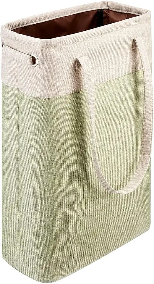 Laundry Basket with Handles Beige&Green Slim Laundry Bin Collapsible Dirty Clothes Basket Narrow Laundry Bag Foldable Dirty Hamper for Camping, Dorms, Apartments