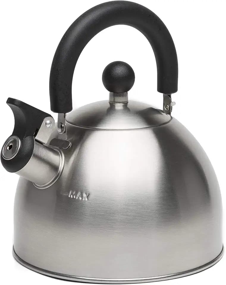 Primula Stewart Whistling Tea Kettle for Stovetop, Stainless Steel Stove Top Kettle with Fast Boil Whistling Spout and Cool Touch Folding Handle, 1.5-Quart, Brushed Silver with Black Handle