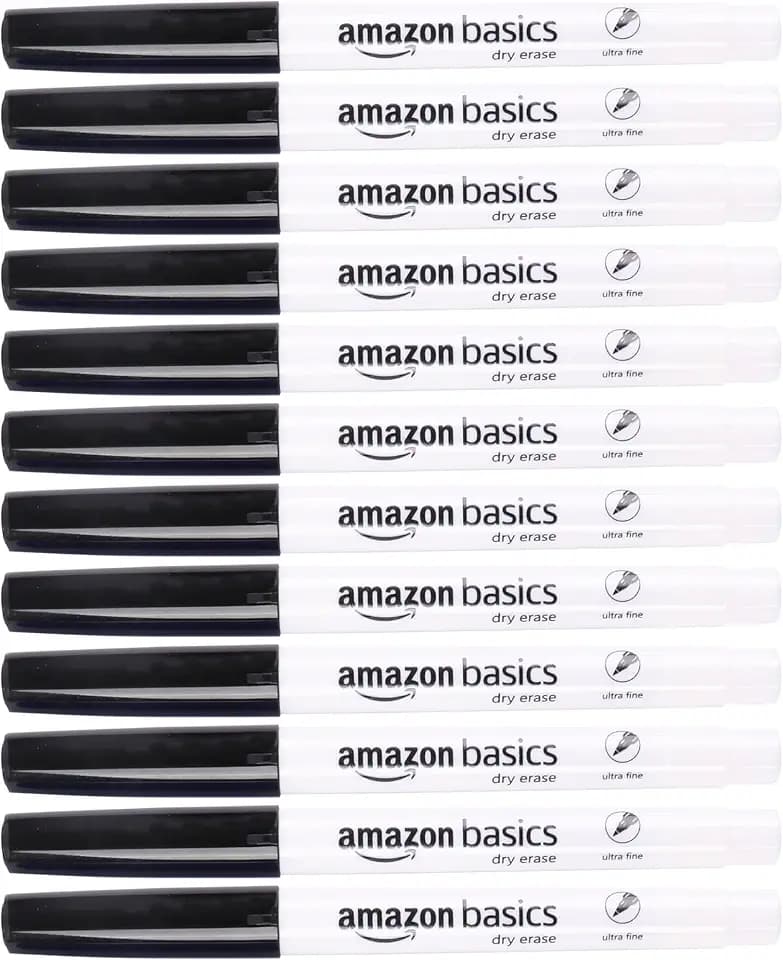 Amazon Basics Low Odor Ultra Fine Tip Dry Erase Whiteboard Markers for Teacher Supplies, Black, 12-Pack