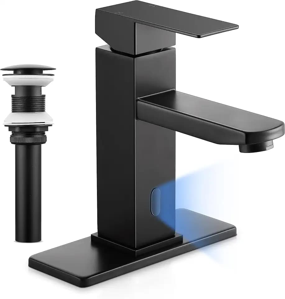 Herogo Touchless Bathroom Faucets Matte Black Stainless Steel Automatic Motion Sensor Bathroom Faucet RV Bar Sink Faucet for 1-3 Hole Single-Handle with Pop Up Drain Stopper Water Supply Hoses