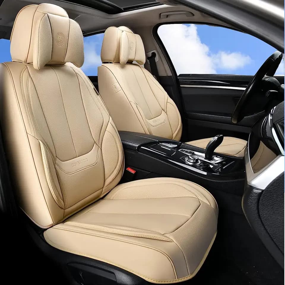 Coverado Autositzbezüge Set Wasserdichtes Nappaleder Auto Sitzschutz Universal Fit für die Meisten Limousinen SUV Pick-up Truck, Autositzschoner Vorne und Hinten 5 Stück mit Kopfkissen - Beige